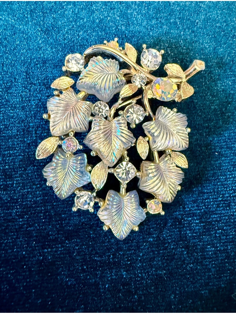 Vintage Lisner Iridescent Blue Ivy Leaf Brooch AB Rhinestone Silver Tone